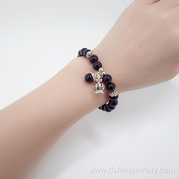 Black Onyx Beads Bracelet With Crown Drop Pendant Bracelet